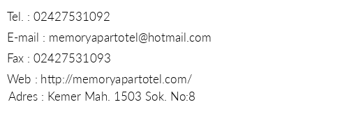 Memory Apart Hotel telefon numaralar, faks, e-mail, posta adresi ve iletiim bilgileri